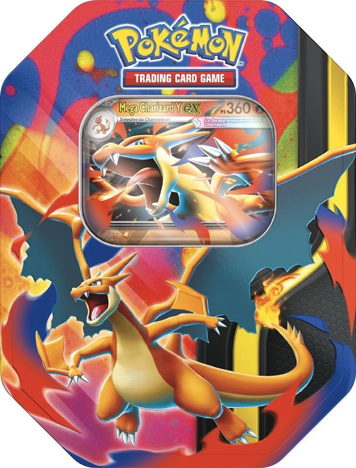 Pokémon: Lata Mega Charizard X / Mega Charizard Y con 4 sobres (A elegir – Español) - Imagen 3