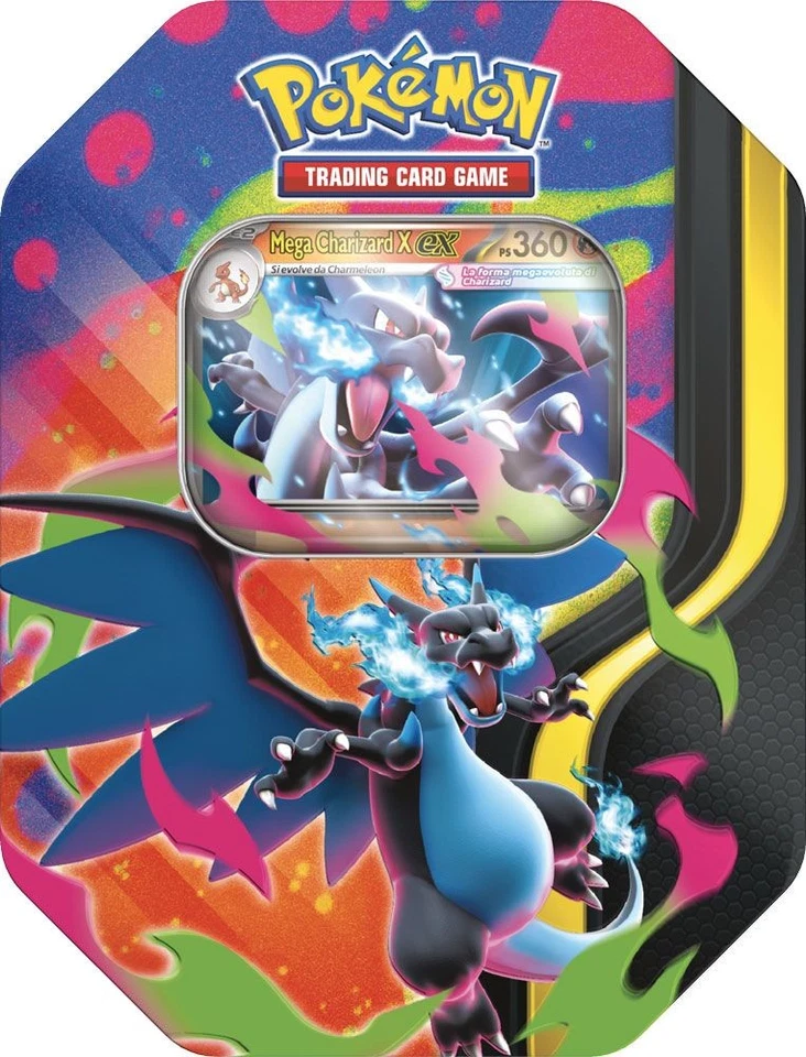 Pokémon: Lata Mega Charizard X / Mega Charizard Y con 4 sobres (A elegir – Español) - Imagen 2